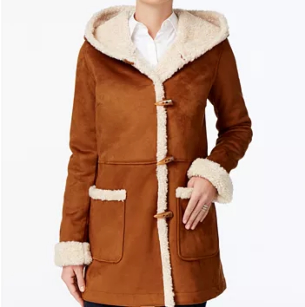 Jones New York hooded faux-shearling toggle coat size large
